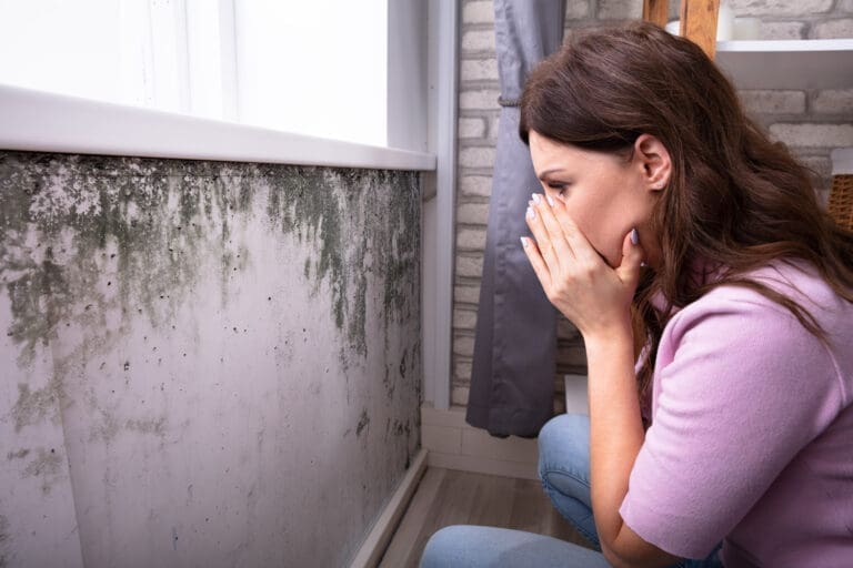 a woman is looking worried after seeing mold on wall.