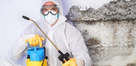 mold removal expert wearing protective gear and spray machine in his hand