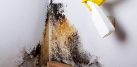 a person spraying a mold removal solution on the mold on wall.